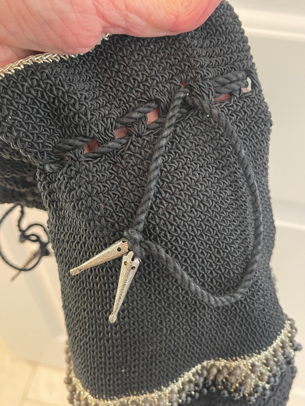 Boho Macramé Black Beaded Fringe Drawstring Satchel / resin bottom - Picture 9 of 13